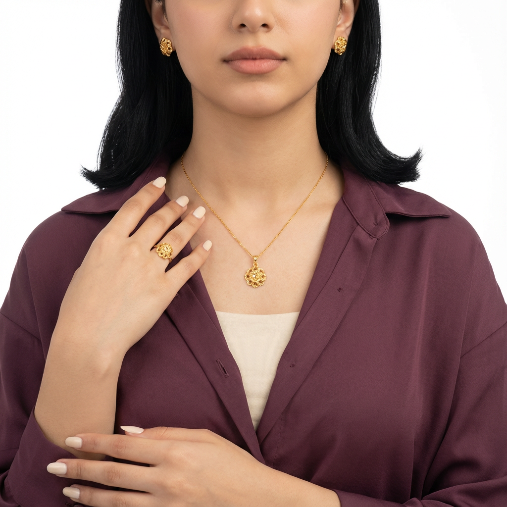 نصف طقم ذهب عيار 21 بتصميم زهرة