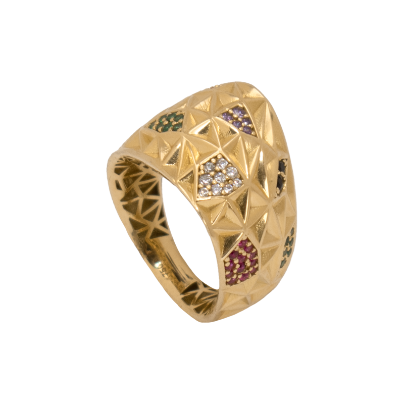 خاتم ذهب عيار 18 مزخرف بفصوص ملونه