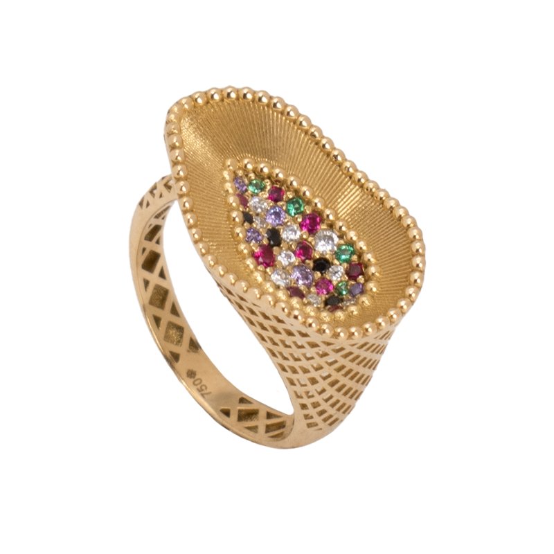 خاتم ذهب عيار 18 بتصميم بيضاوي مزخرف مع فصوص ملونة في المنتصف