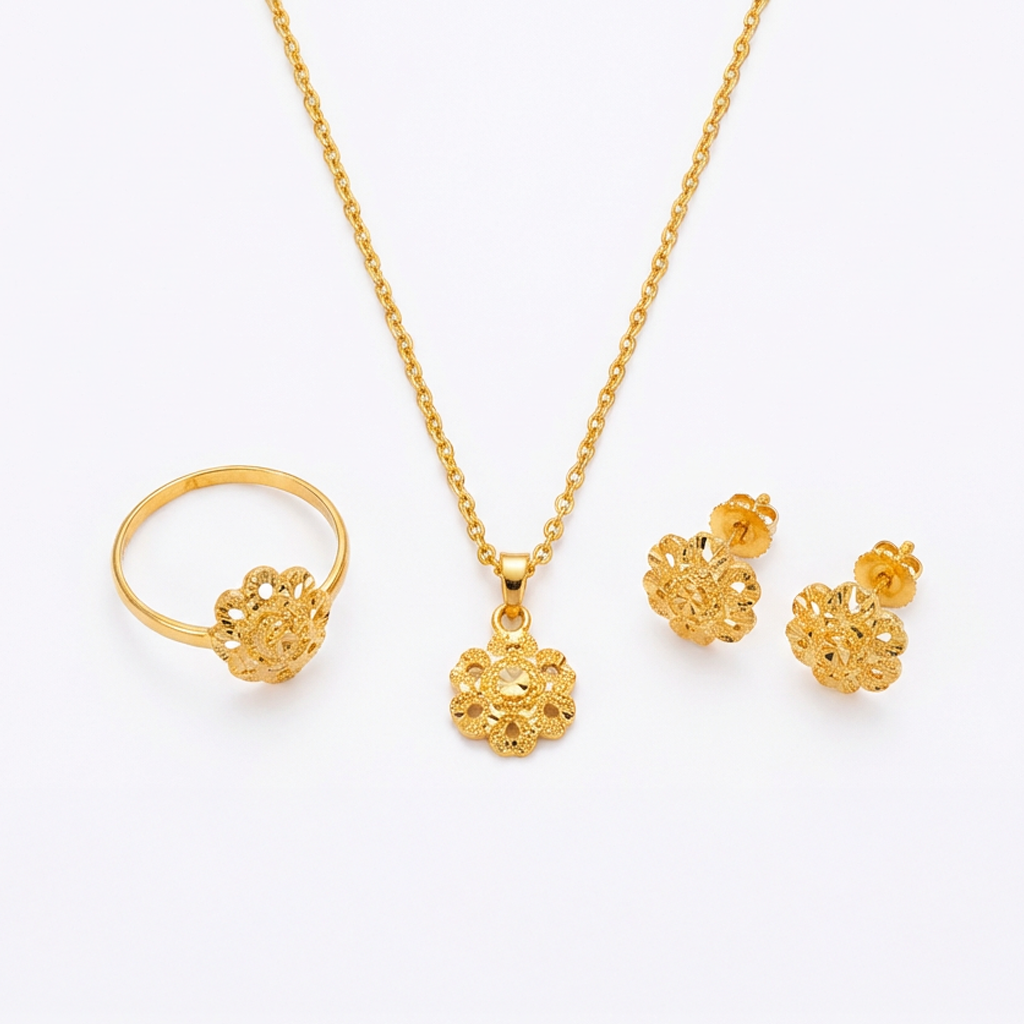 نصف طقم ذهب عيار 21 بتصميم زهرة