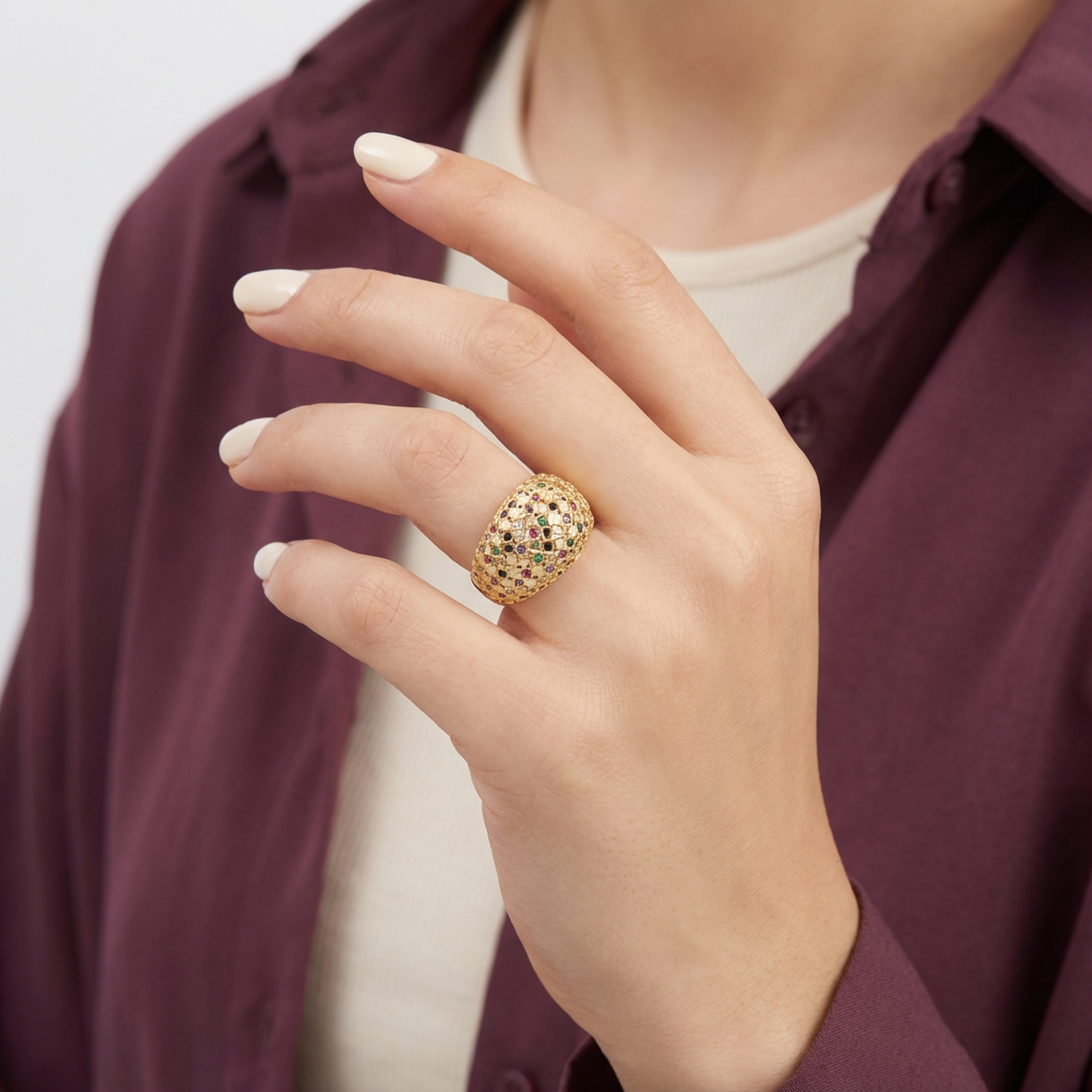 خاتم ذهب عيار 18 بفصوص ملونة