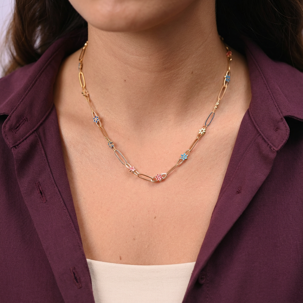 عقد ذهب عيار 18 بتصميم زهور ملونة