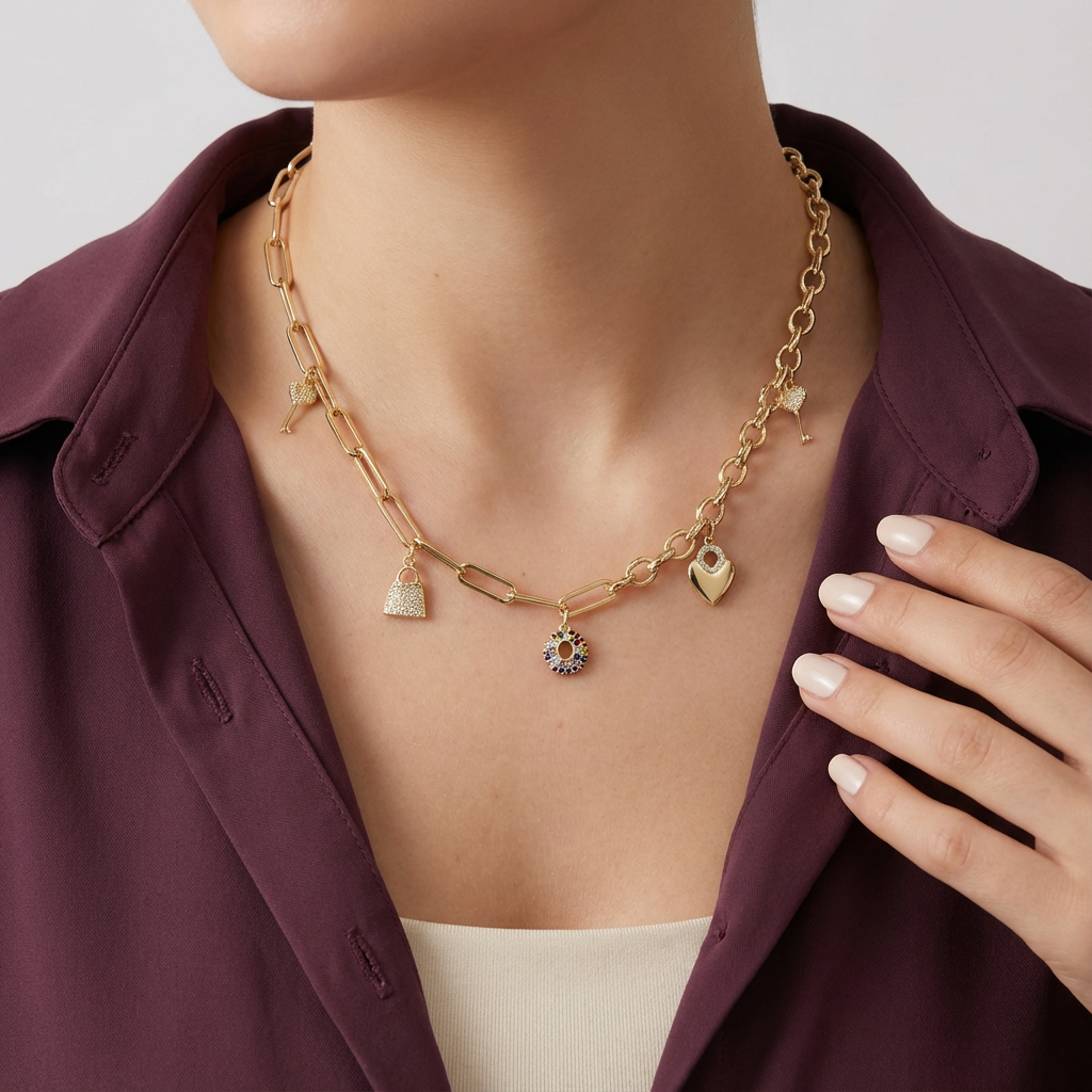 عقد ذهب عيار 18 بسلسلة حلقات وحجر أزرق