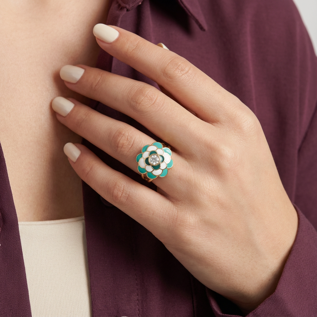 خاتم ذهب عيار 18 بتصميم زهور ملونة