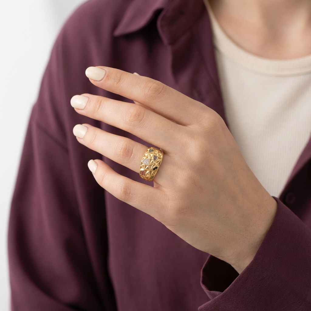 خاتم ذهب عيار 18 مزخرف بفصوص ملونه