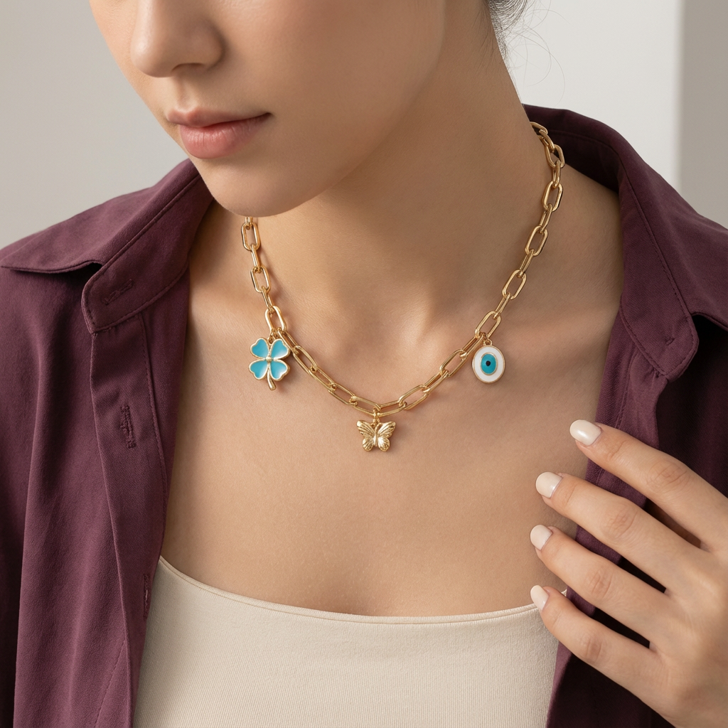 عقد العين الحارسة ذهب عيار 18 بتصميم رمزي أنيق