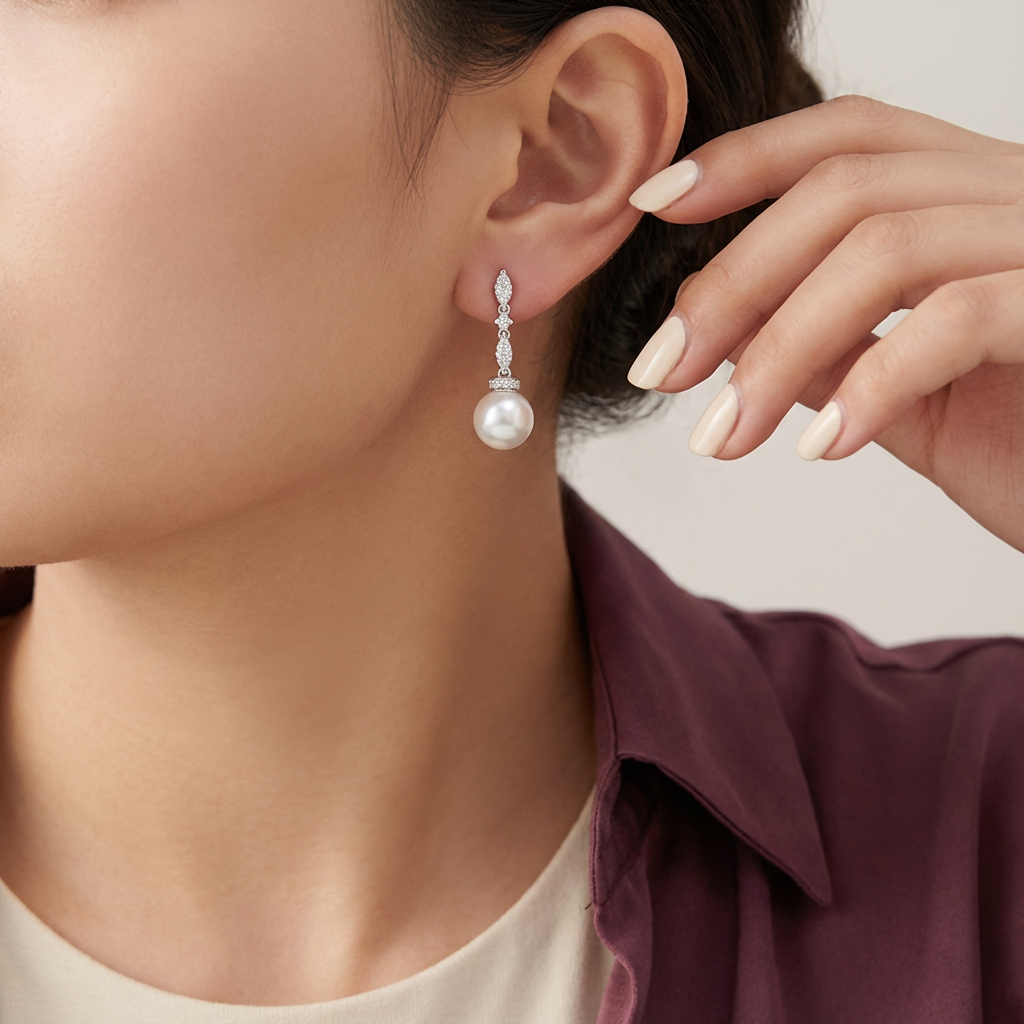 أقراط الماس مع دائرة من اللؤلؤ متدليه