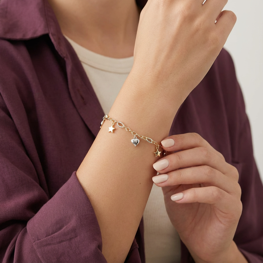 أسورة نجوم وقلوب ذهب عيار 18 بتصميم تعليقات متدلية