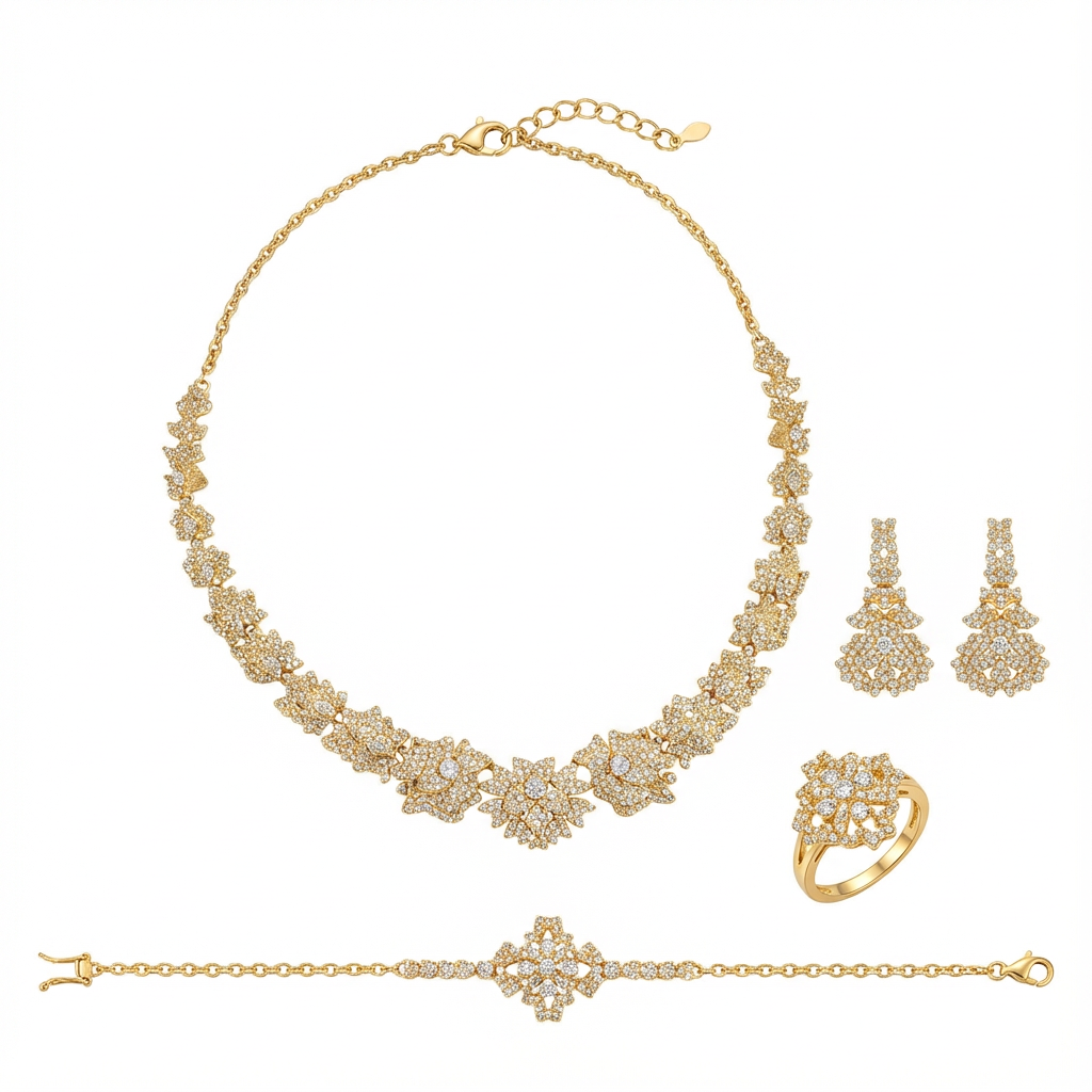 طقم سن فلاور ذهب عيار 18 بزخارف زهرية متناسقة