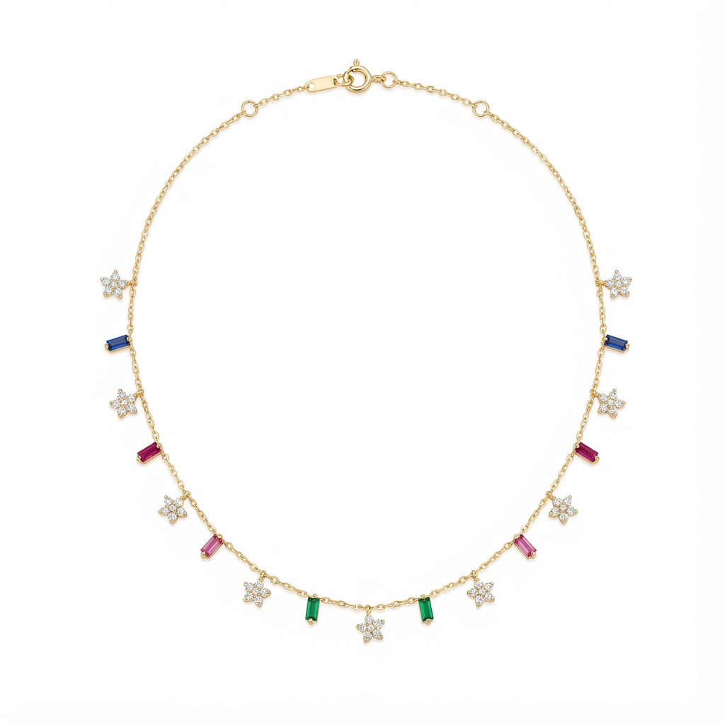 عقد ذهب عيار 18 بلمسة نجوم وعناصر هندسية