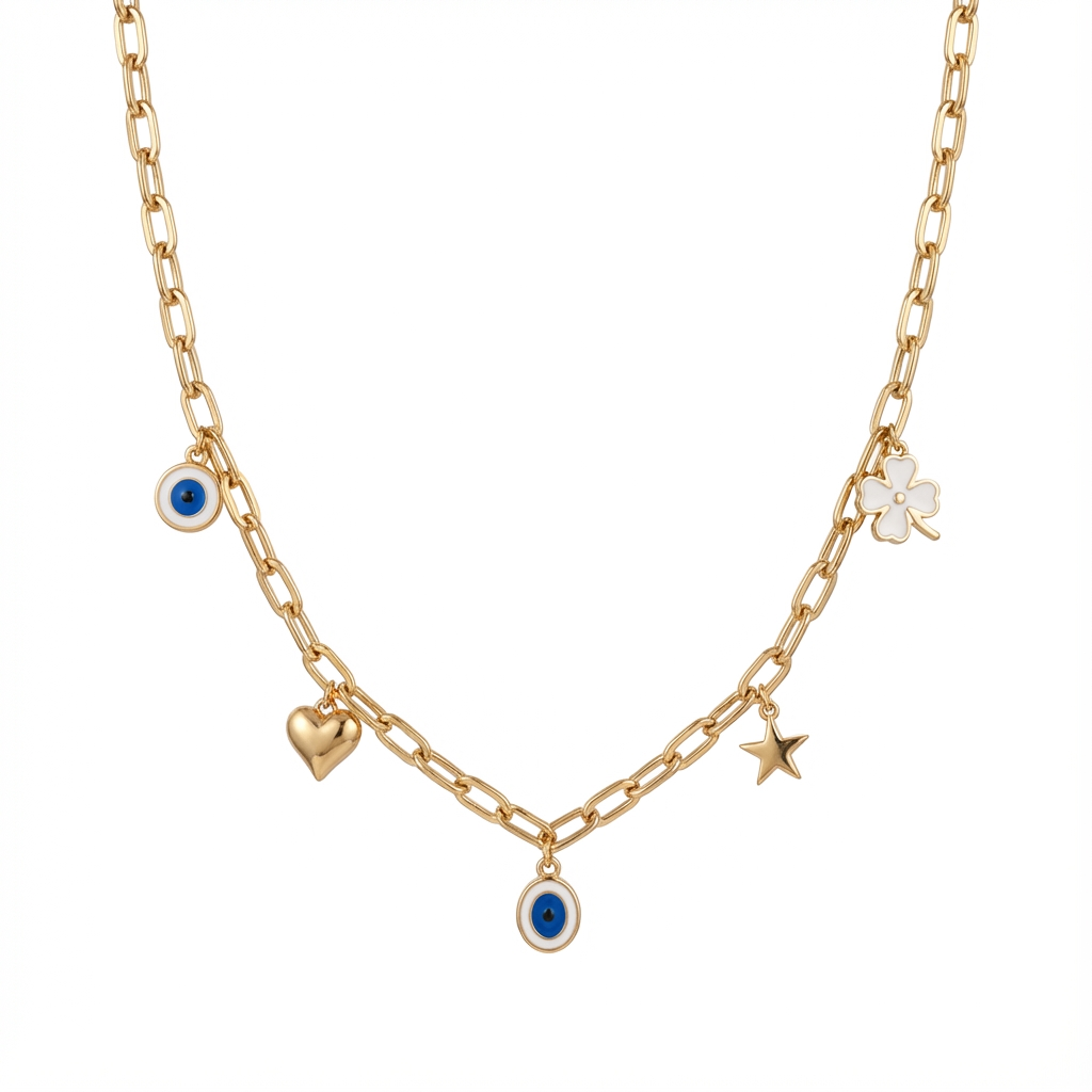 عقد ذهب عيار 18 بتصميم تعليقات متنوّعة أنيق