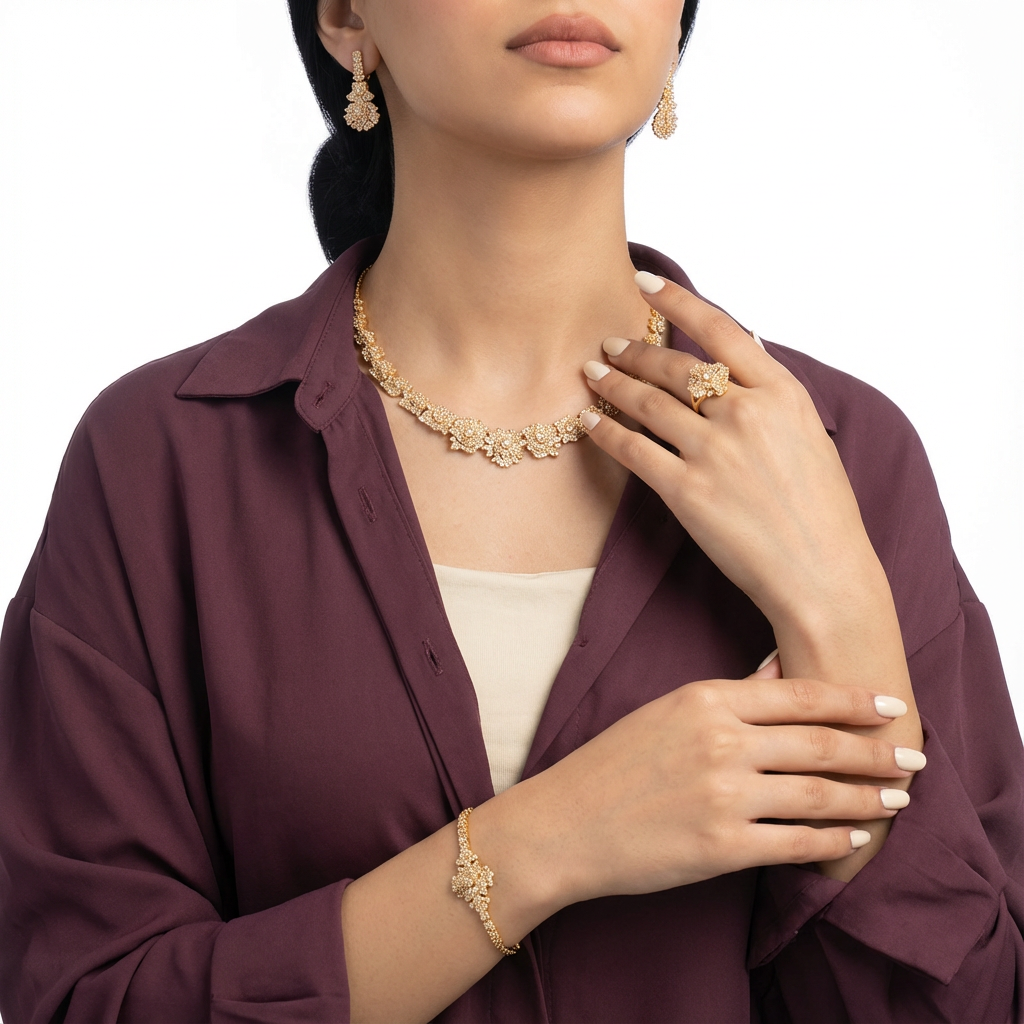 طقم سن فلاور ذهب عيار 18 بزخارف زهرية متناسقة