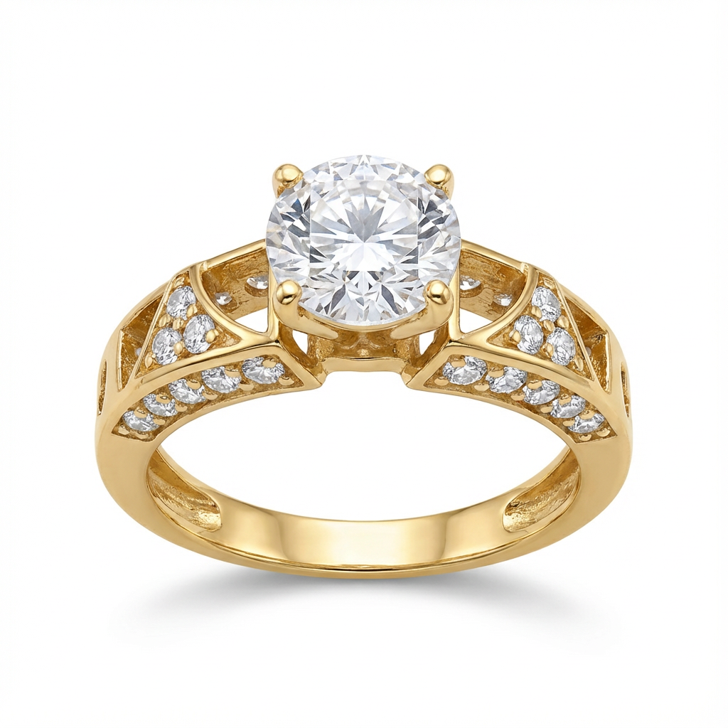 خاتم ذهب عيار 18 بتصميم سوليتير بحجر مركزي كبير مزين بفصوص جانبية