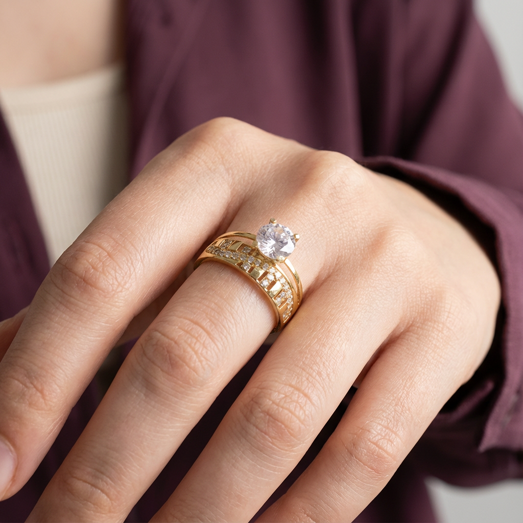 خاتم ذهب ذهب عيار 18 بفص أبيض في المنتصف