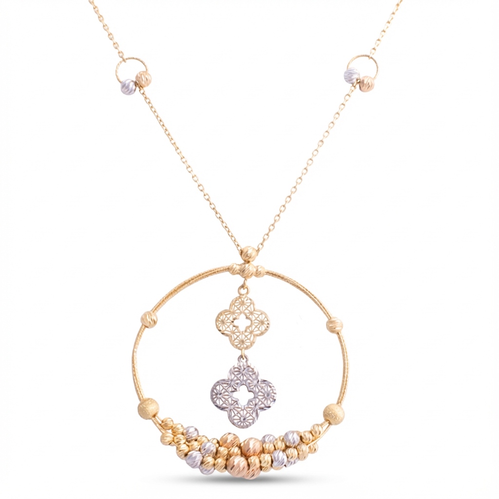 عقد ذهب عيار 18 بتصميم دائري مزخرف مع تفاصيل هندسية وحبات