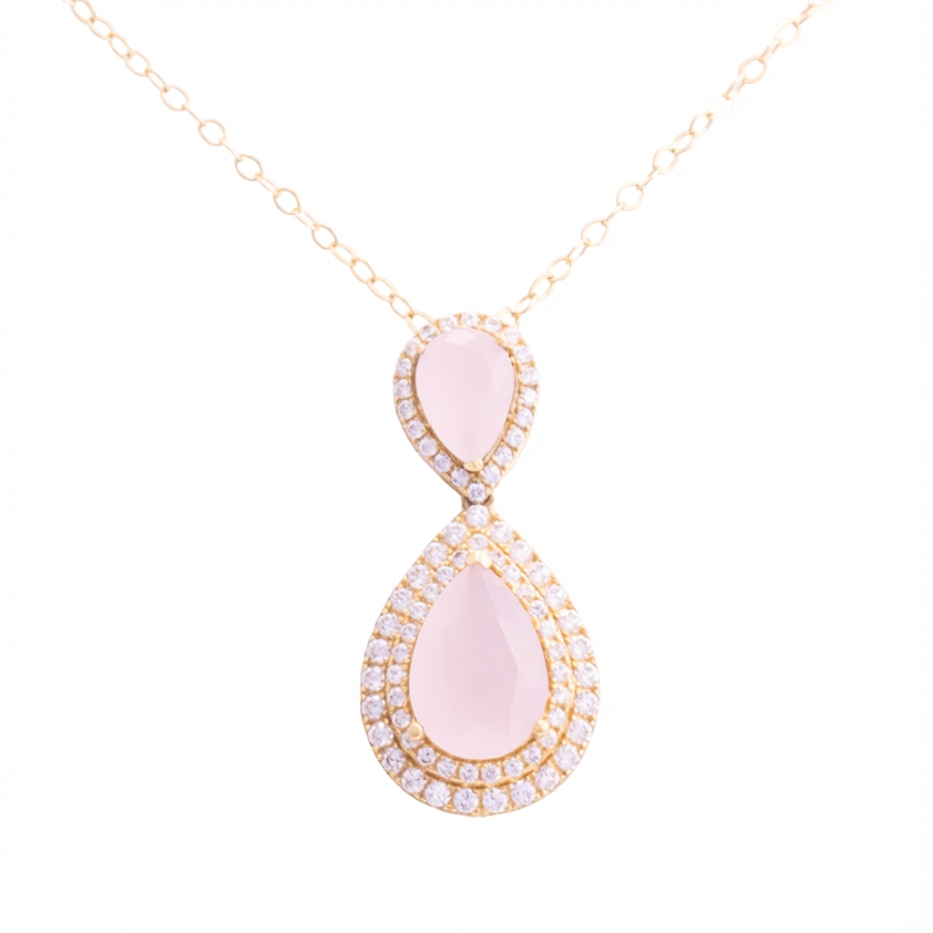 عقد ذهب عيار 18 بتعليقة قطرتين مزينة بفصوص لامعة