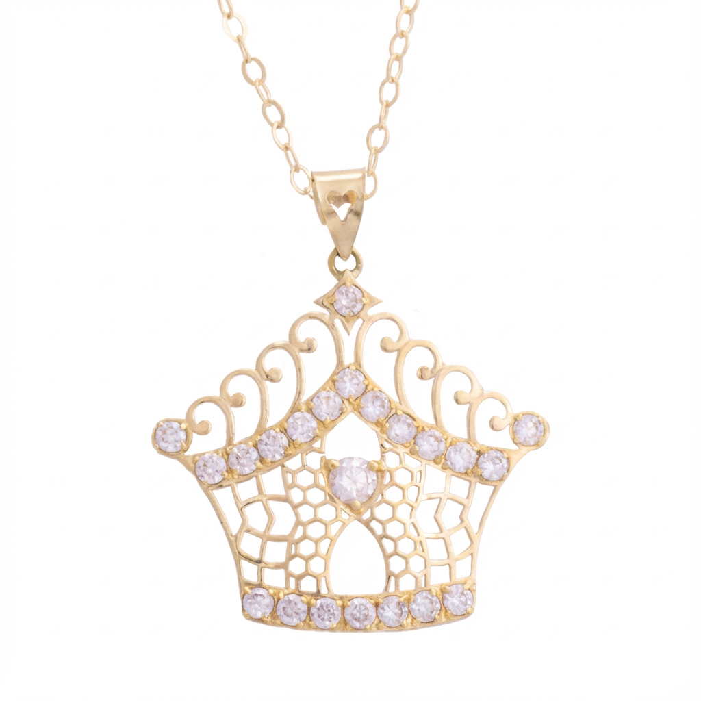 عقد ذهب عيار 18 بتعليقة تاج مزينة بفصوص براقة