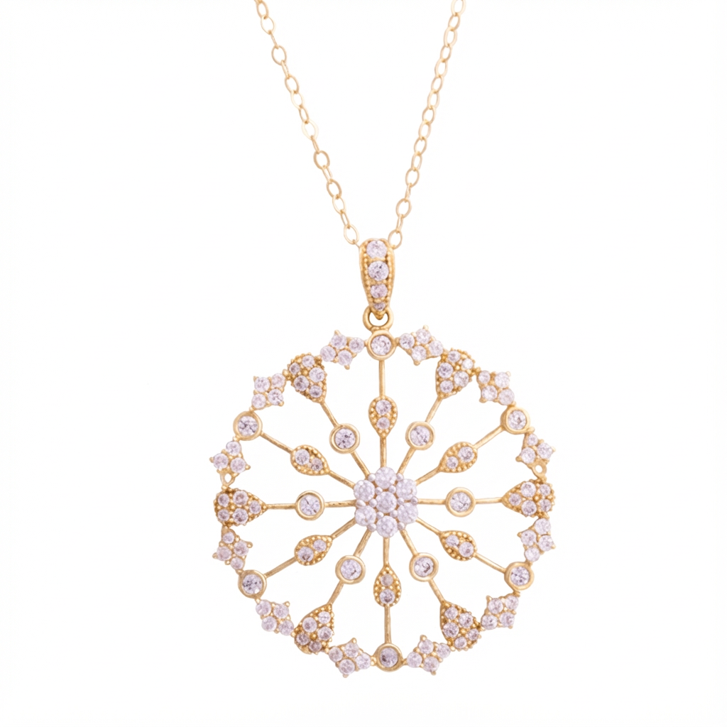 عقد ذهب عيار 18 بتصميم دائري كبير مزين بفصوص لامعة