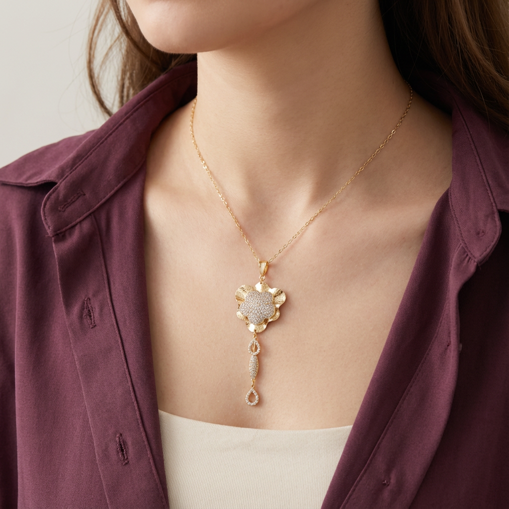 تعليقة زهرة ذهب أنيقة عيار 18 بفصوص لامعة