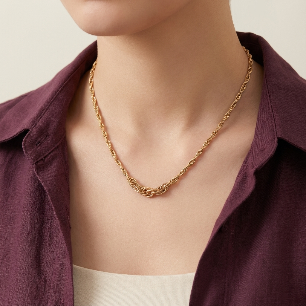 عقد ذهب عيار 18 بتصميم حبل مع عقدة