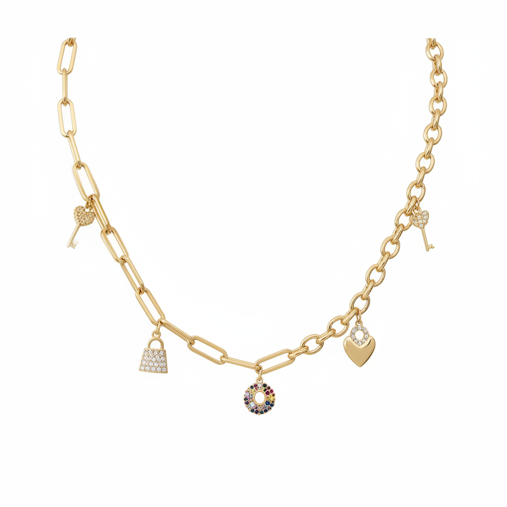 عقد ذهب عيار 18 بسلسلة حلقات بحجر أزرق