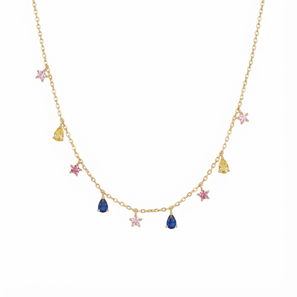 عقد ذهب عيار 18 بلمسة نجوم وعناصر على شكل قطرة